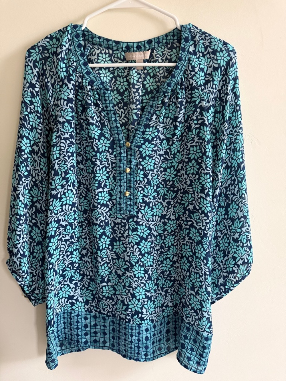 Banana Republic Teal & Navy Floral Split-Neck Blouse